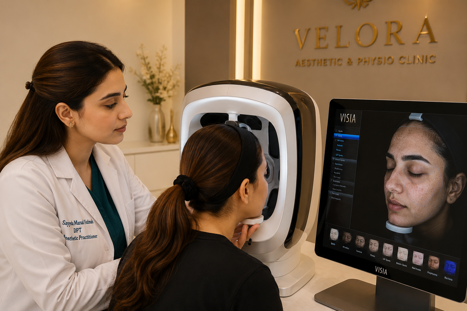 Professional skin analysis consultation using a Skin Analyzer at VELORA Aesthetic and Physio Clinic