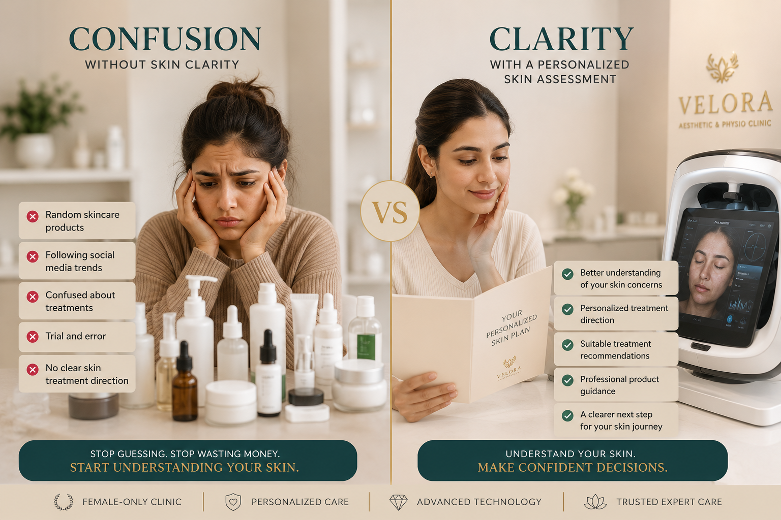 Comparison between skincare confusion and personalized skin assessment clarity